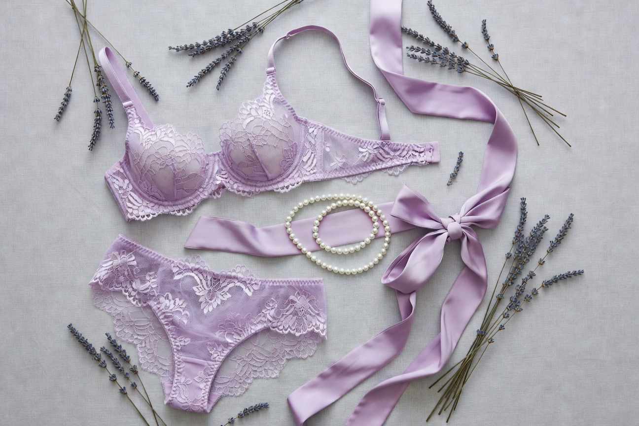 A beautifully arranged lavender lace lingerie set flat lay